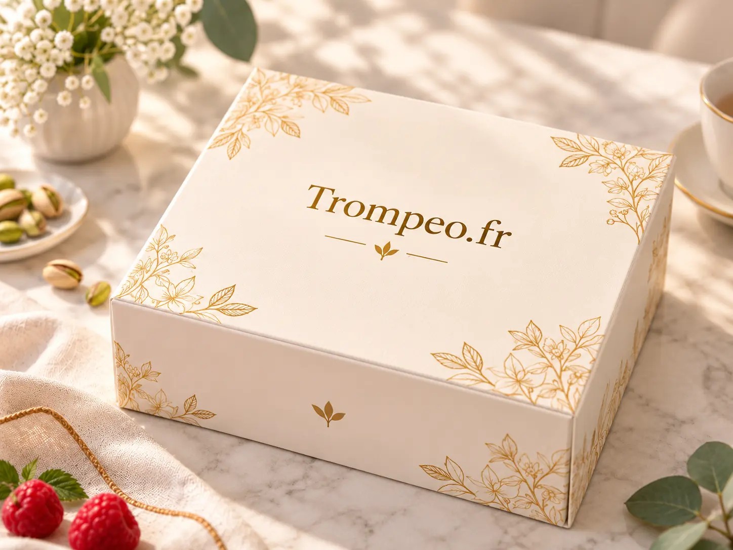 Trompeo Box fermée : coffret crème orné du nom Trompeo.fr, posé sur un marbre blanc