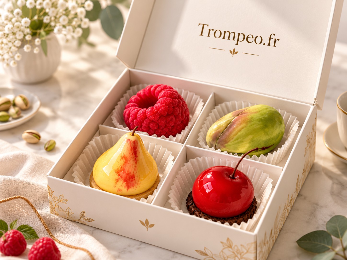 Trompeo Box ouverte : quatre pâtisseries trompe-l’œil dans leurs caissettes, une par compartiment